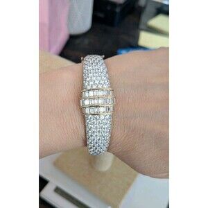 Vintage look 925 Sterling Silver Wide Bangle Baguette Pave Bracelet